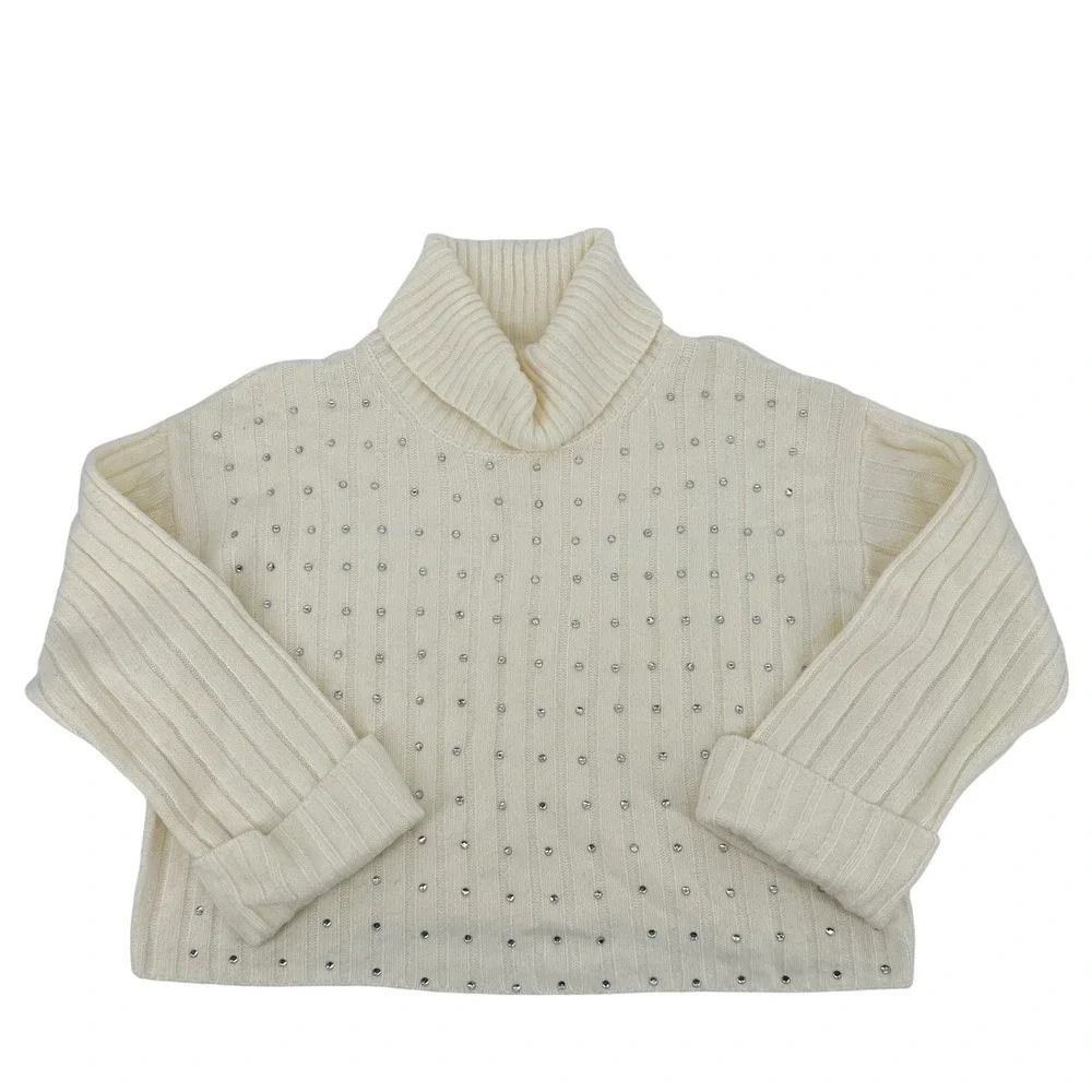 Womens Rhinestone Embellished Cream Turtleneck Ribbed Knit Sweater‎ Boxy Crop